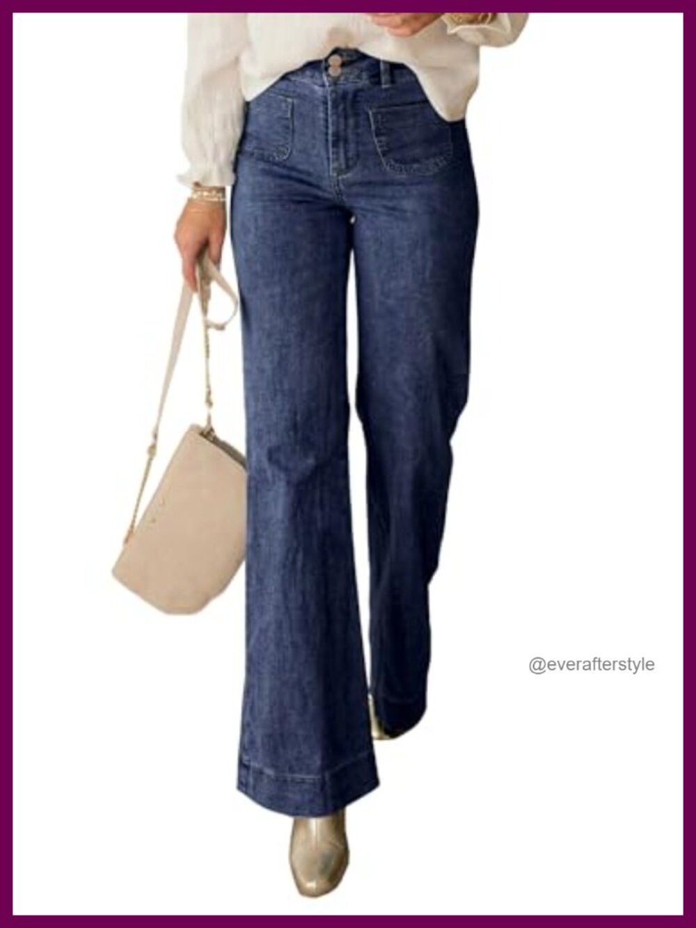 High Waisted Wide Leg Jeans with Front Pockets - Stretchy Cotton Blend, Flare